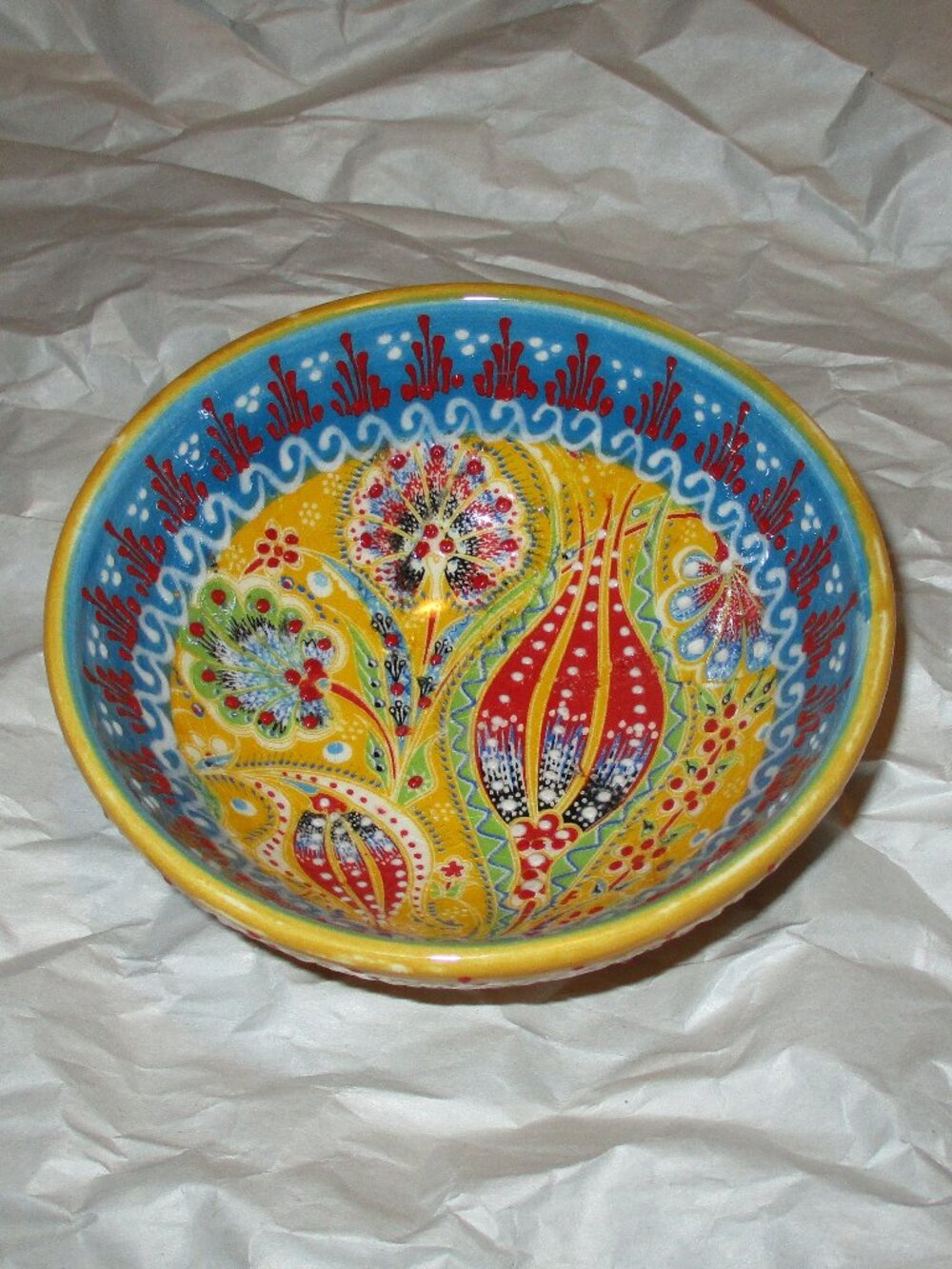 Handmade Hand Painted Turkish Bowl Vibrant Colors and Embossed Design